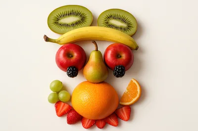 Creative Fruit Face Arrangement On White Background