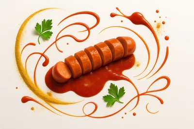 Sliced Currywurst Sausage With Tomato Sauce And Parsley