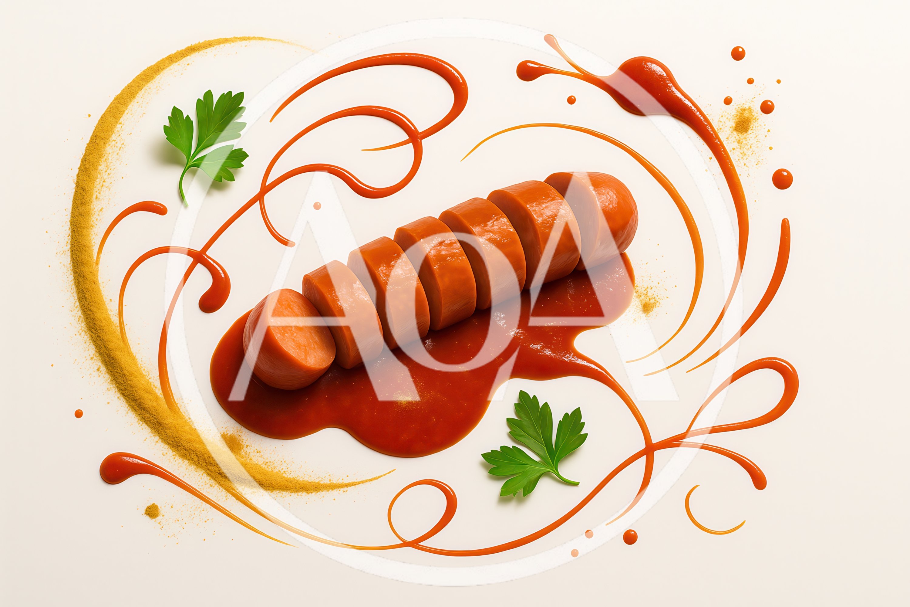 Sliced Currywurst Sausage With Tomato Sauce And Parsley