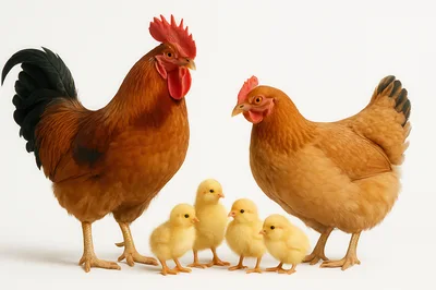 Rooster Hen and Four Chicks Standing Together