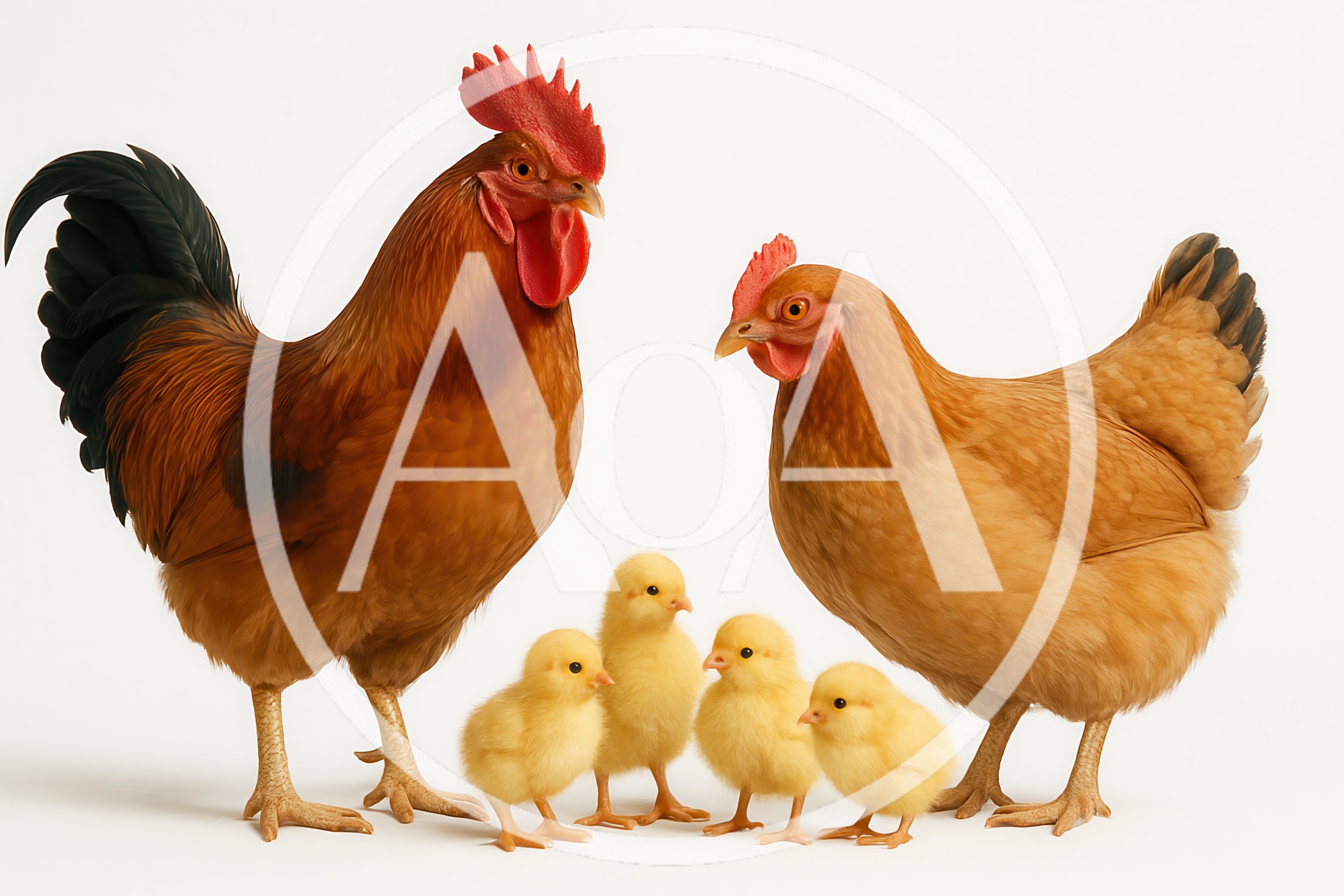 Rooster Hen and Four Chicks Standing Together