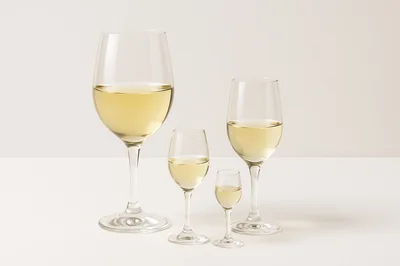 Four Different Sizes Of Wine Glasses With White Wine