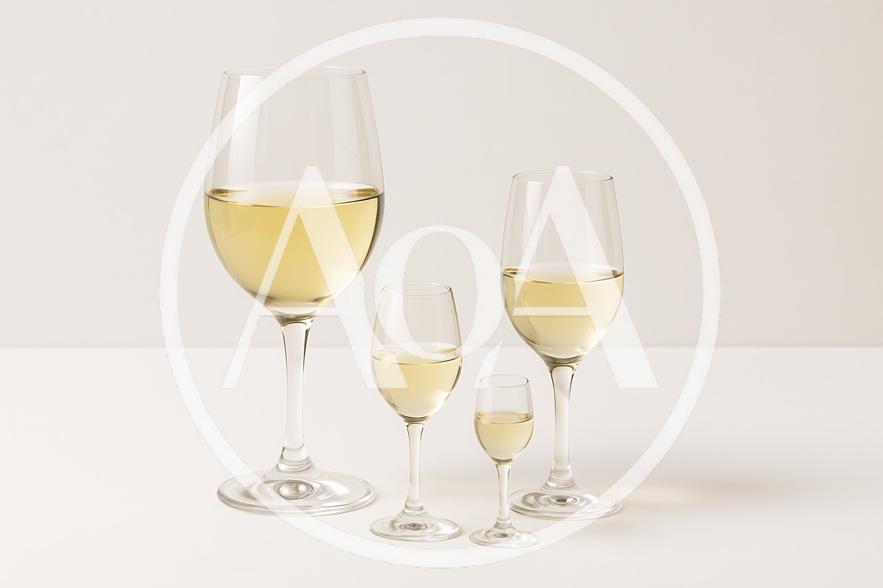 Four Different Sizes Of Wine Glasses With White Wine