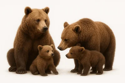 Family Of Brown Bears On White Background