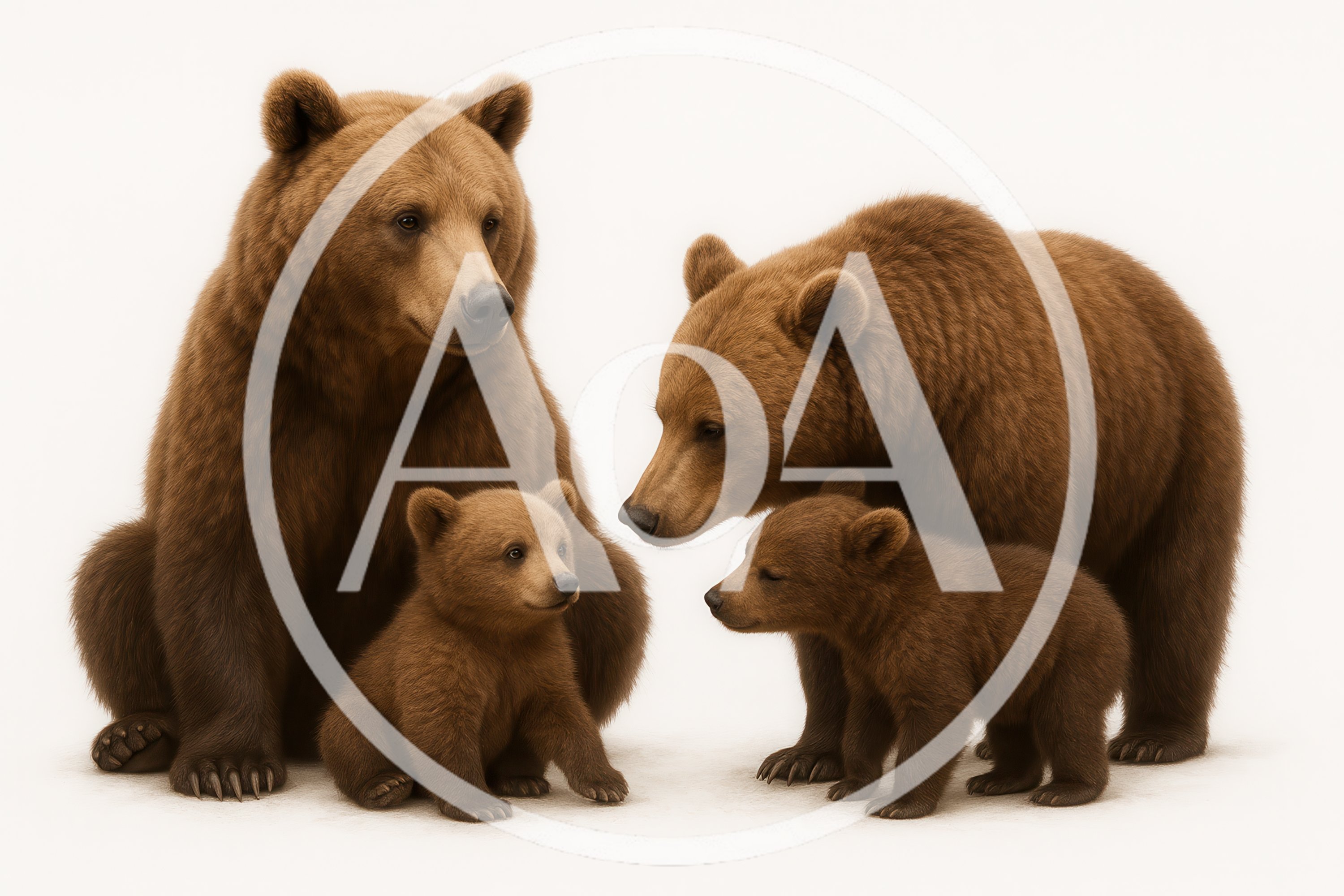 Family Of Brown Bears On White Background