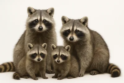 Family Of Four Raccoons Sitting Together
