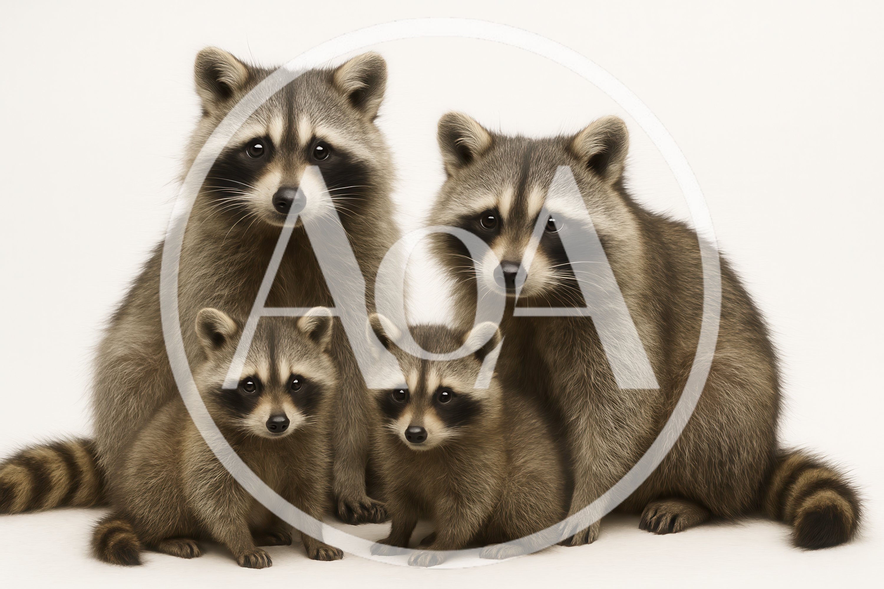 Family Of Four Raccoons Sitting Together