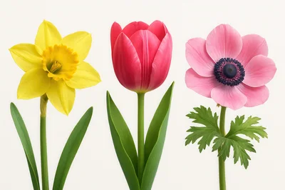 Three Distinct Spring Flowers Isolated On White Background