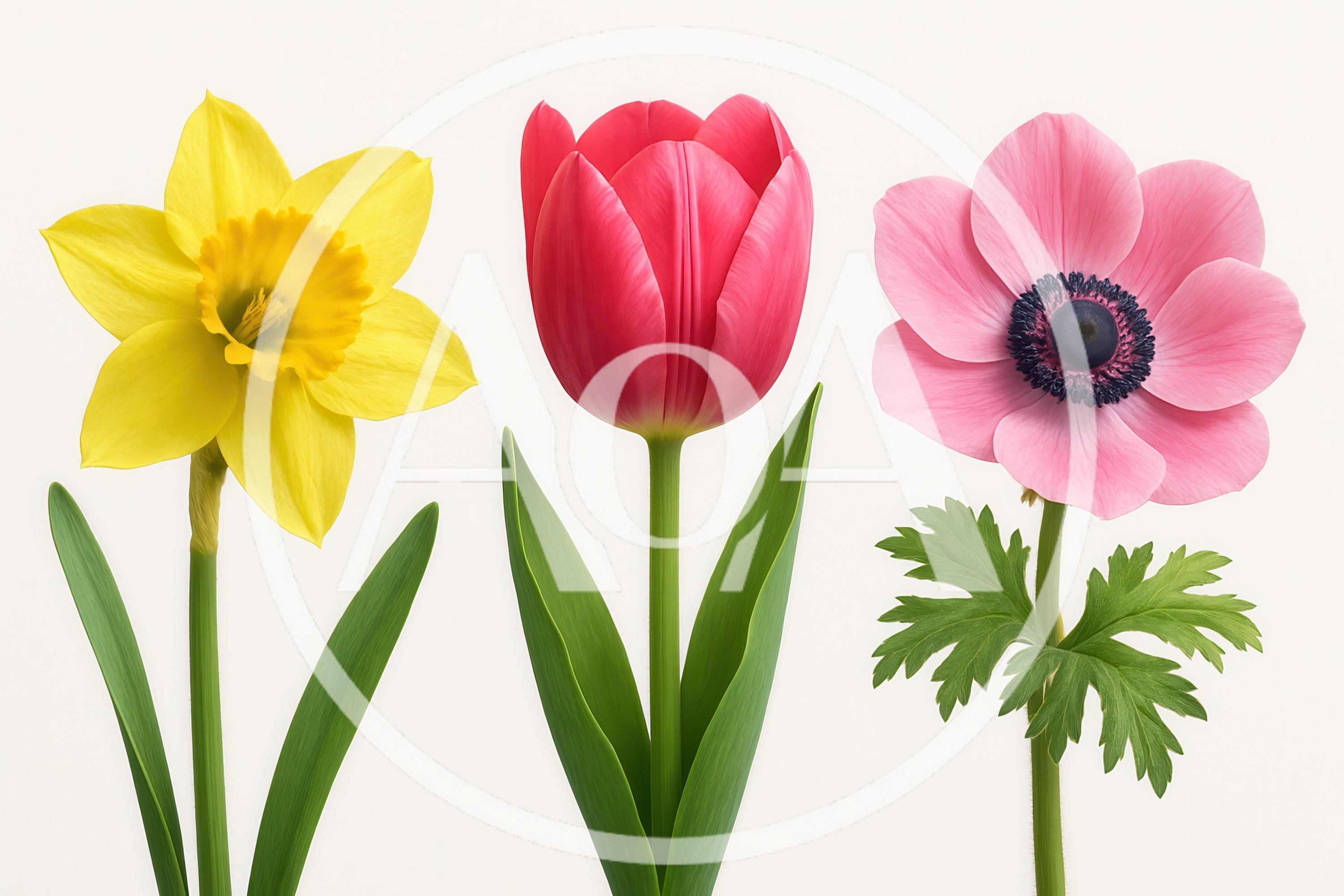 Three Distinct Spring Flowers Isolated On White Background
