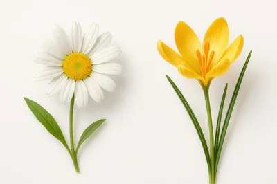 White Daisy and Yellow Crocus Flowers on White Background