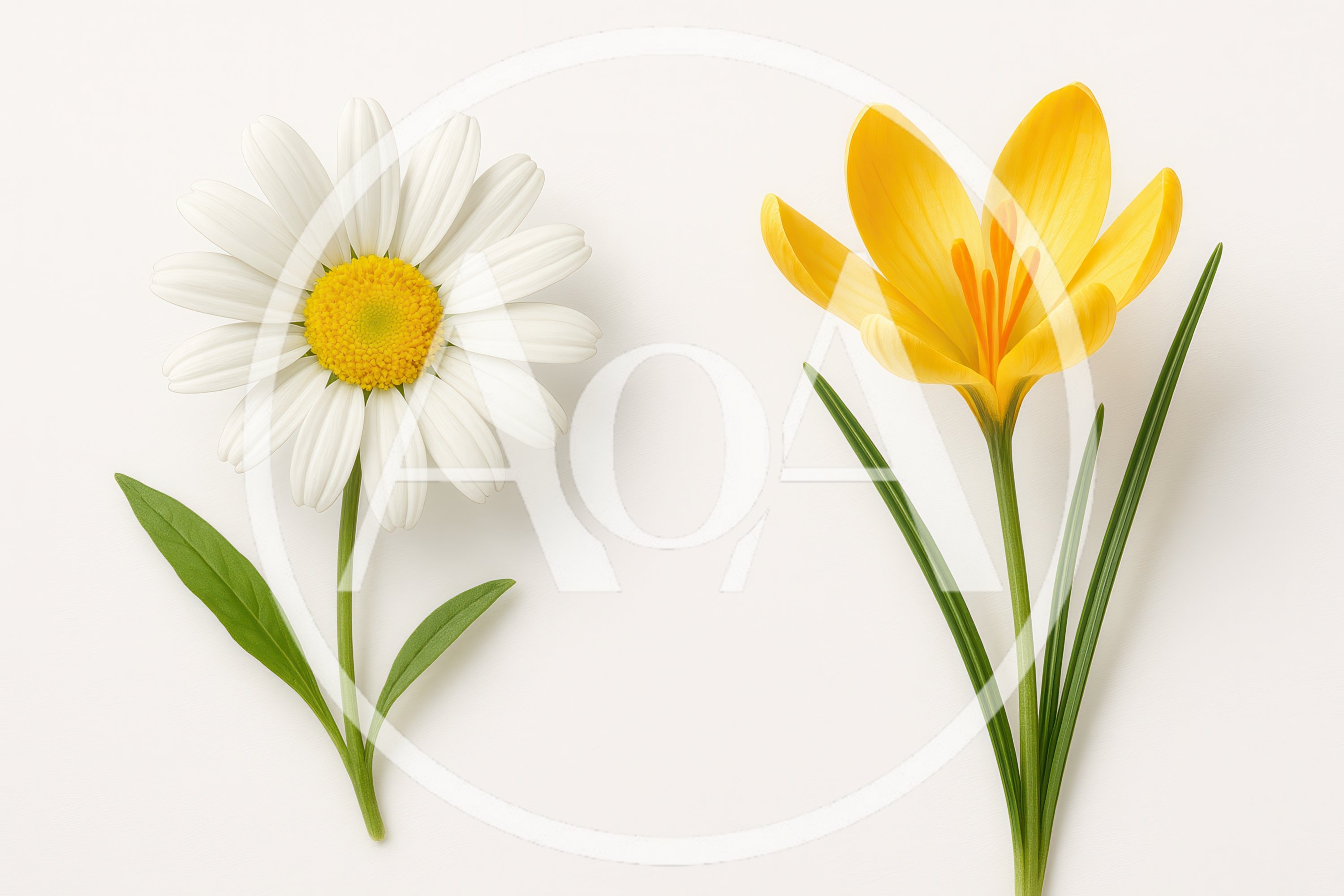 White Daisy and Yellow Crocus Flowers on White Background