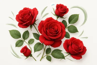 Red Roses Arrangement With Green Leaves On White Background
