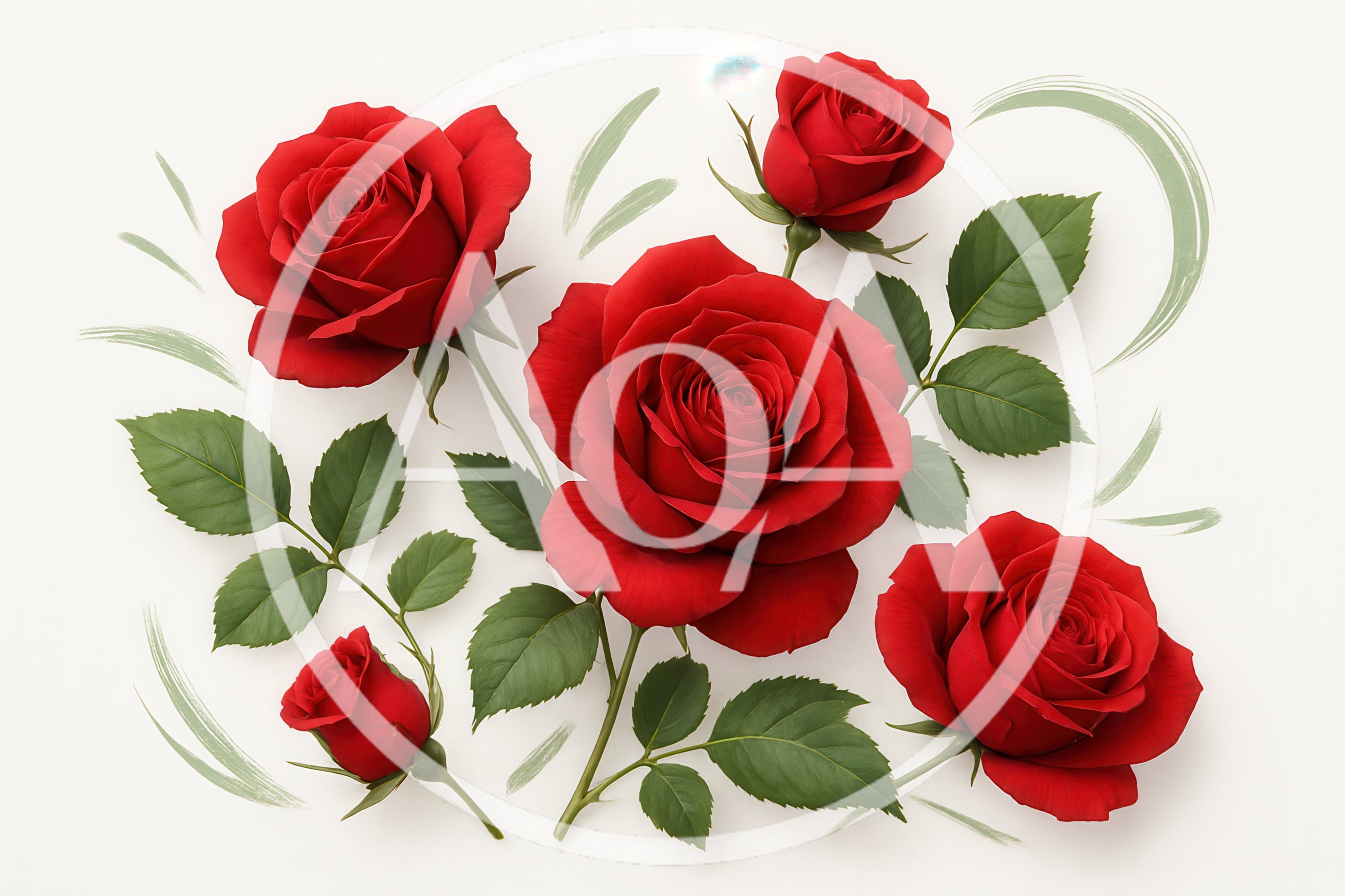 Red Roses Arrangement With Green Leaves On White Background