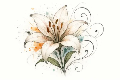 Watercolor Illustration Of A White Lily Flower