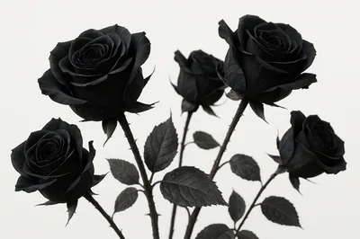 Five Elegant Black Roses Against A White Background