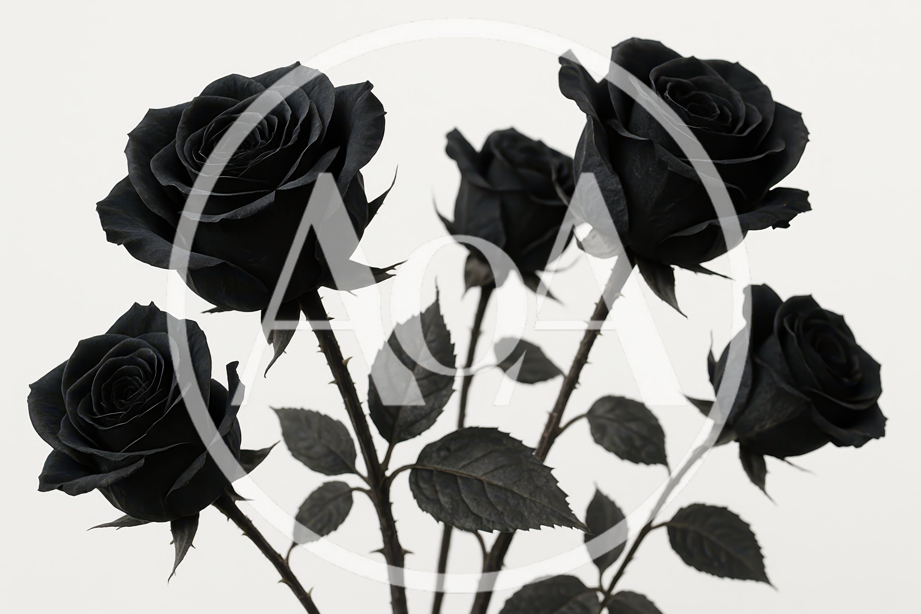 Five Elegant Black Roses Against A White Background