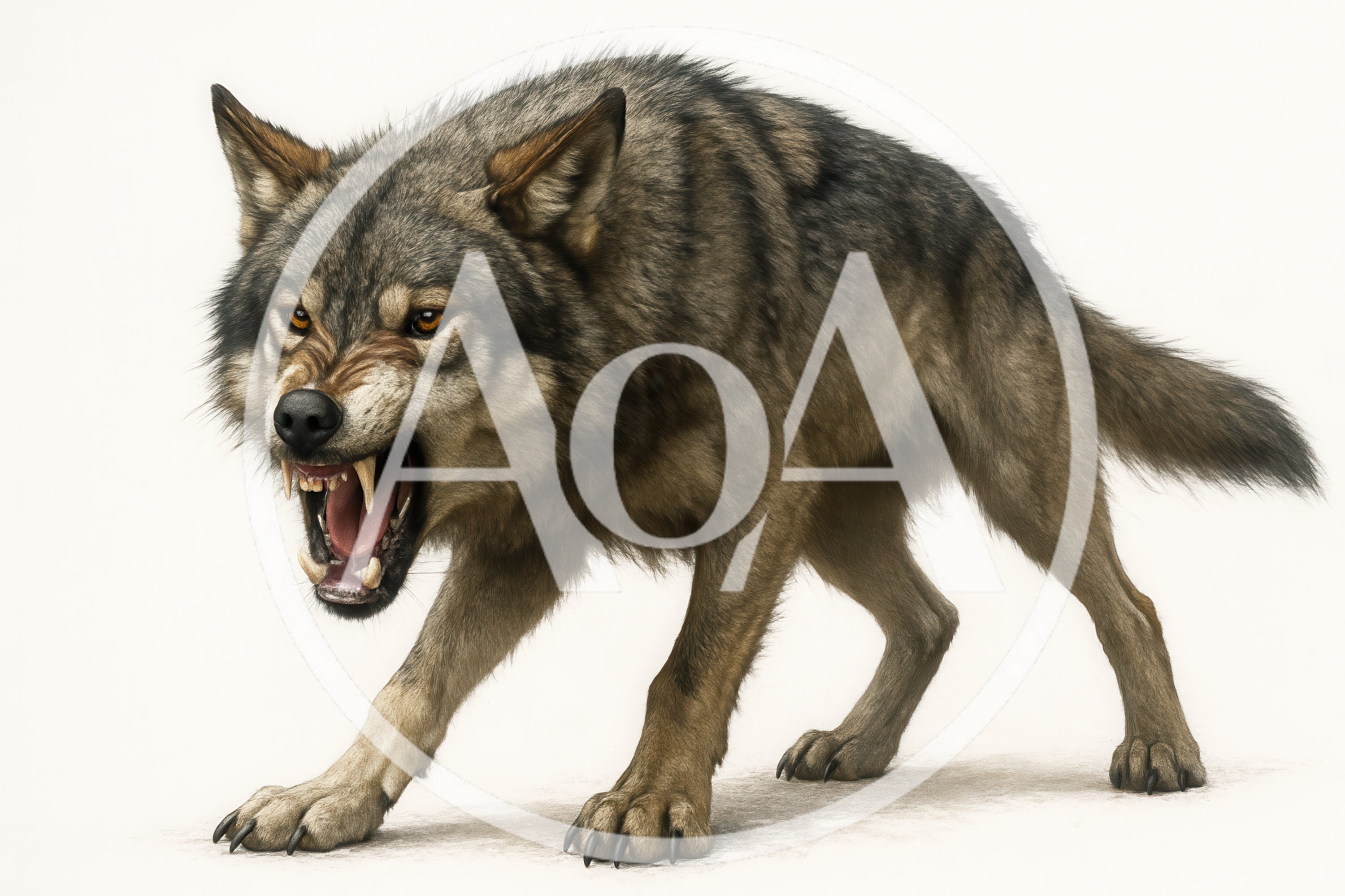 Aggressive Gray Wolf Snarling On White Background