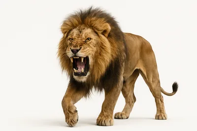 Aggressive Male Lion Roaring Against White Background