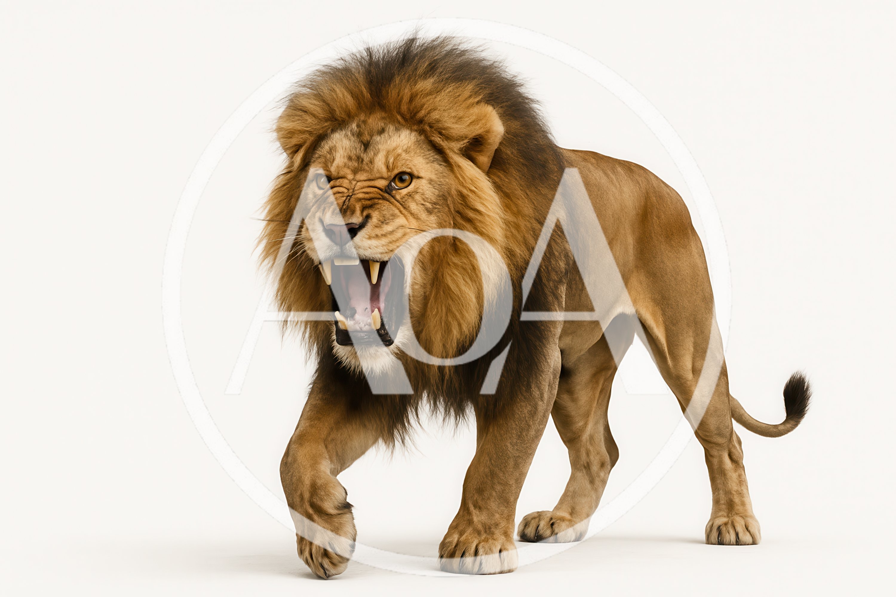 Aggressive Male Lion Roaring Against White Background