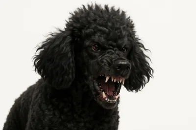 Aggressive Black Poodle Snarling At Camera
