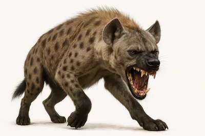 Aggressive Spotted Hyena Snarling On White Background