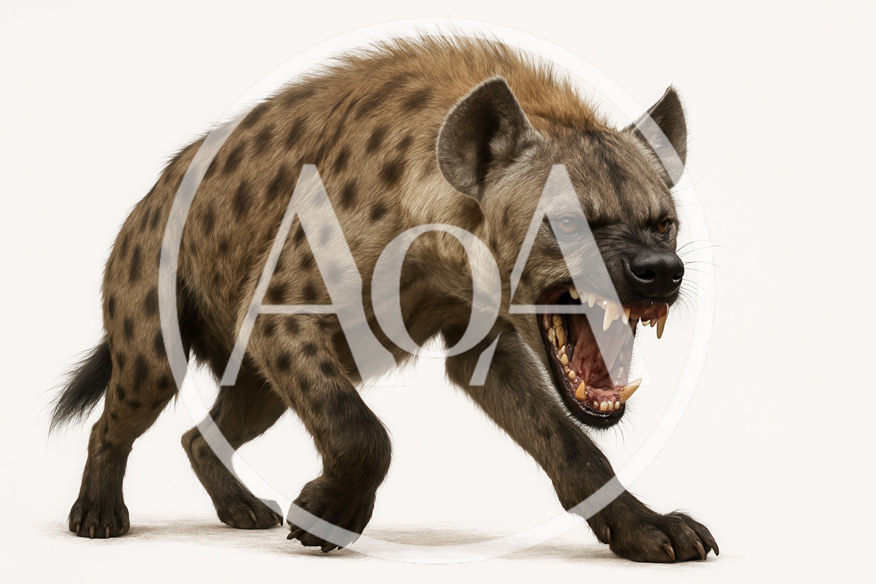 Aggressive Spotted Hyena Snarling On White Background