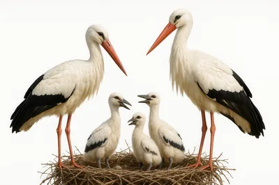 White Stork Family With Chicks In Nest