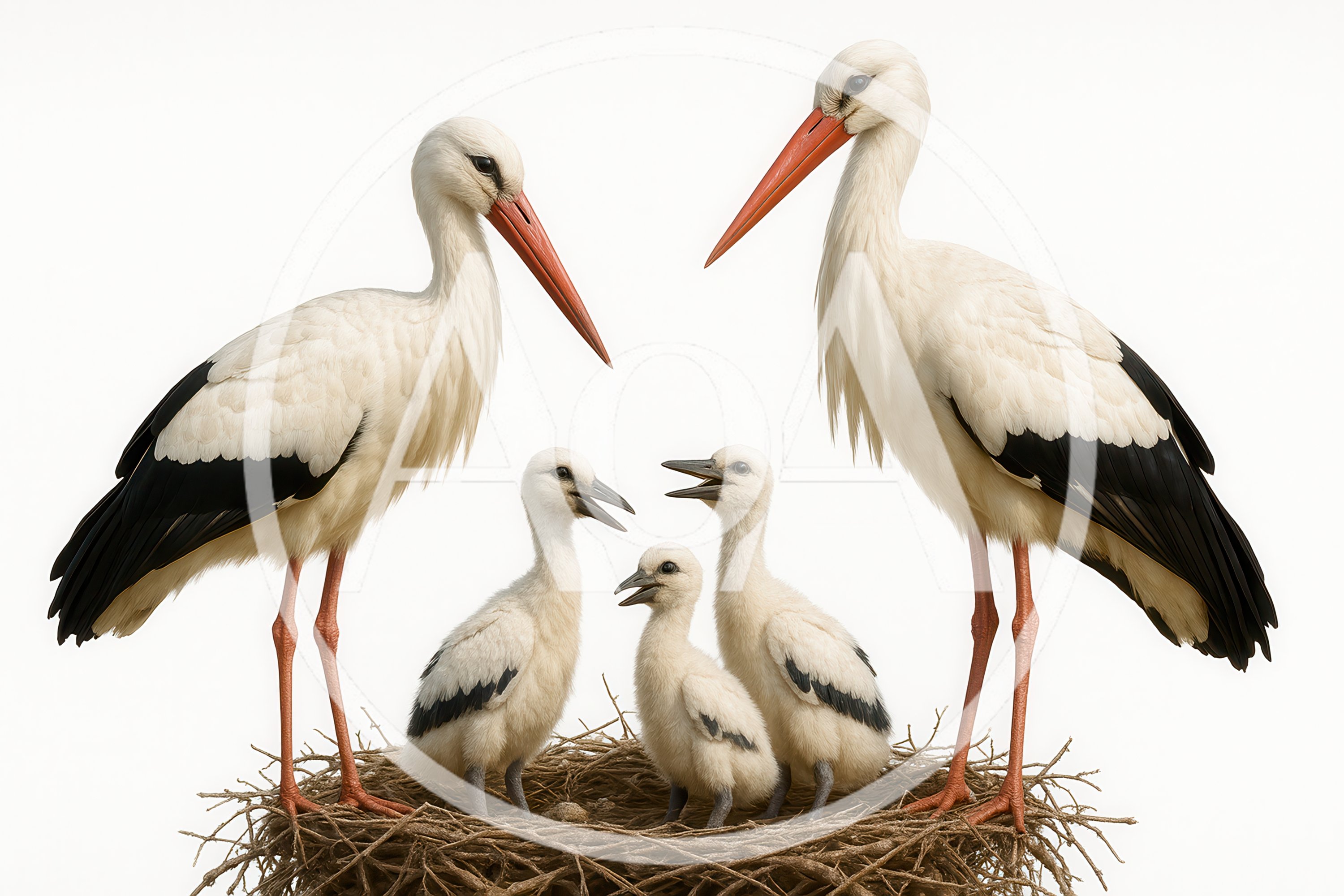 White Stork Family With Chicks In Nest