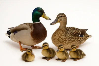 Mallard Duck Family With Four Ducklings