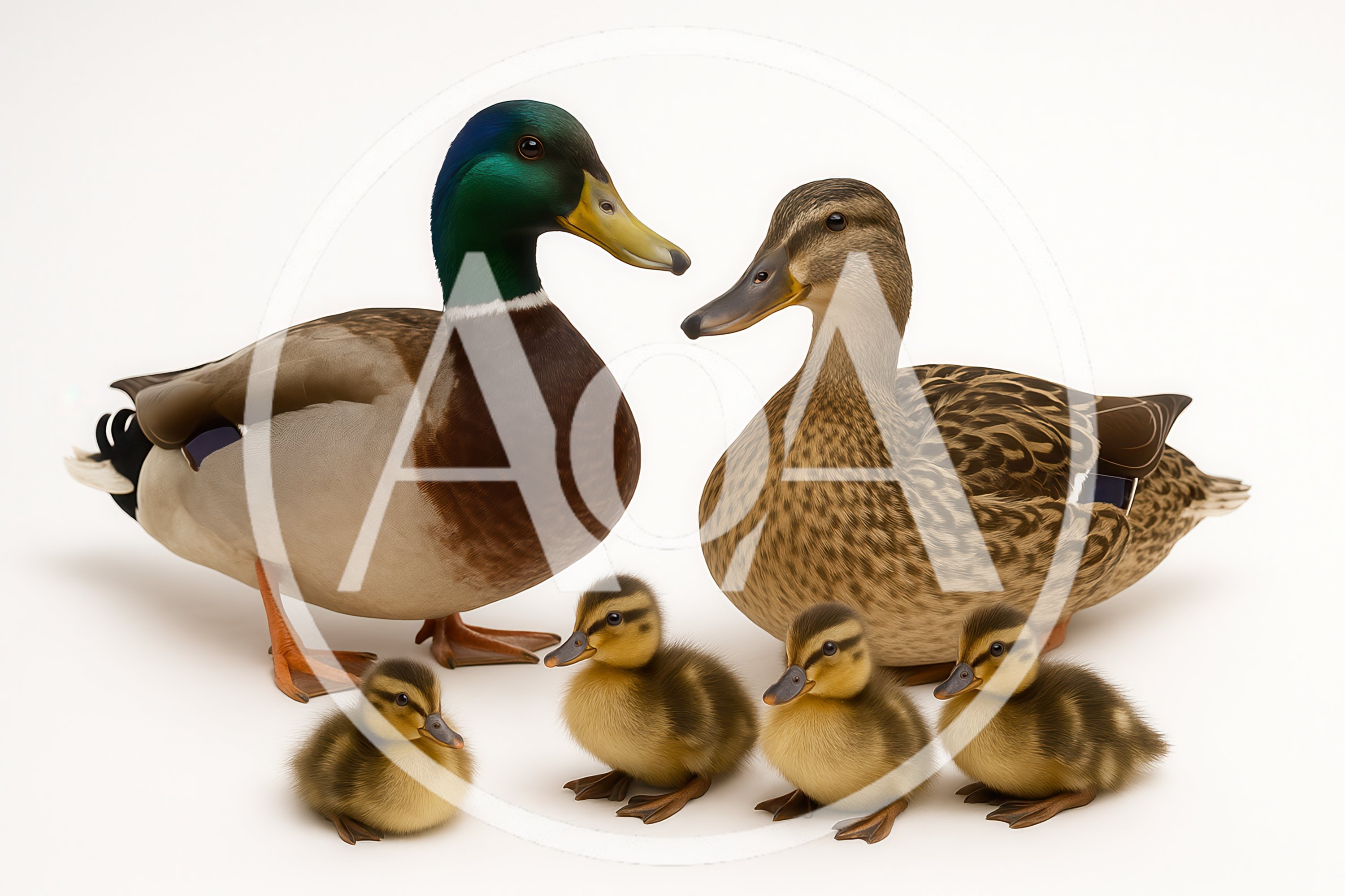 Mallard Duck Family With Four Ducklings