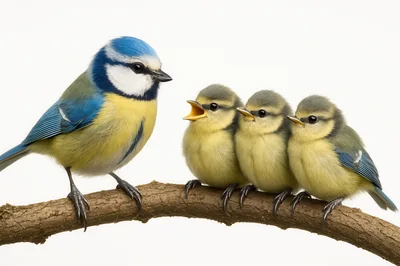 Adult Blue Tit Feeding Three Hungry Chicks