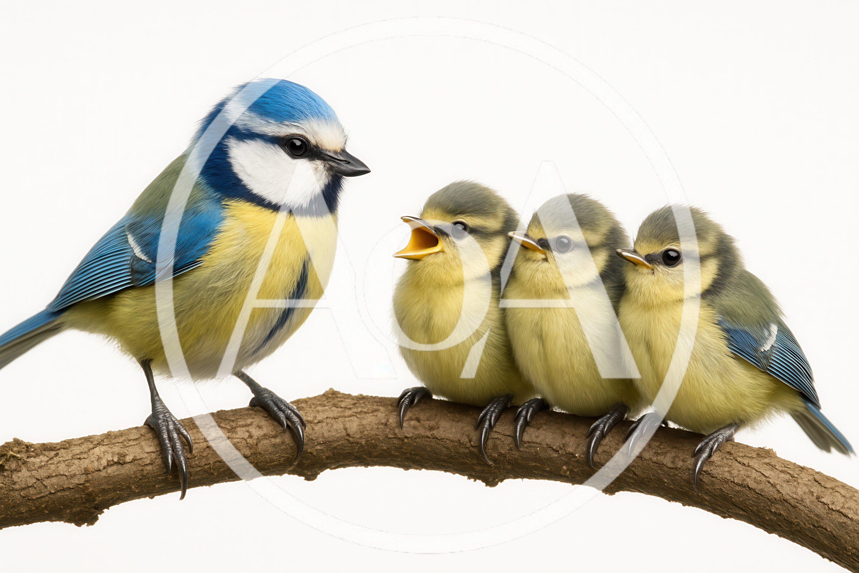 Adult Blue Tit Feeding Three Hungry Chicks