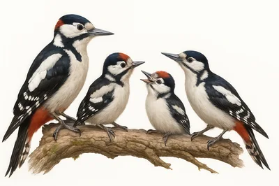 Great Spotted Woodpecker Family Perched On A Branch