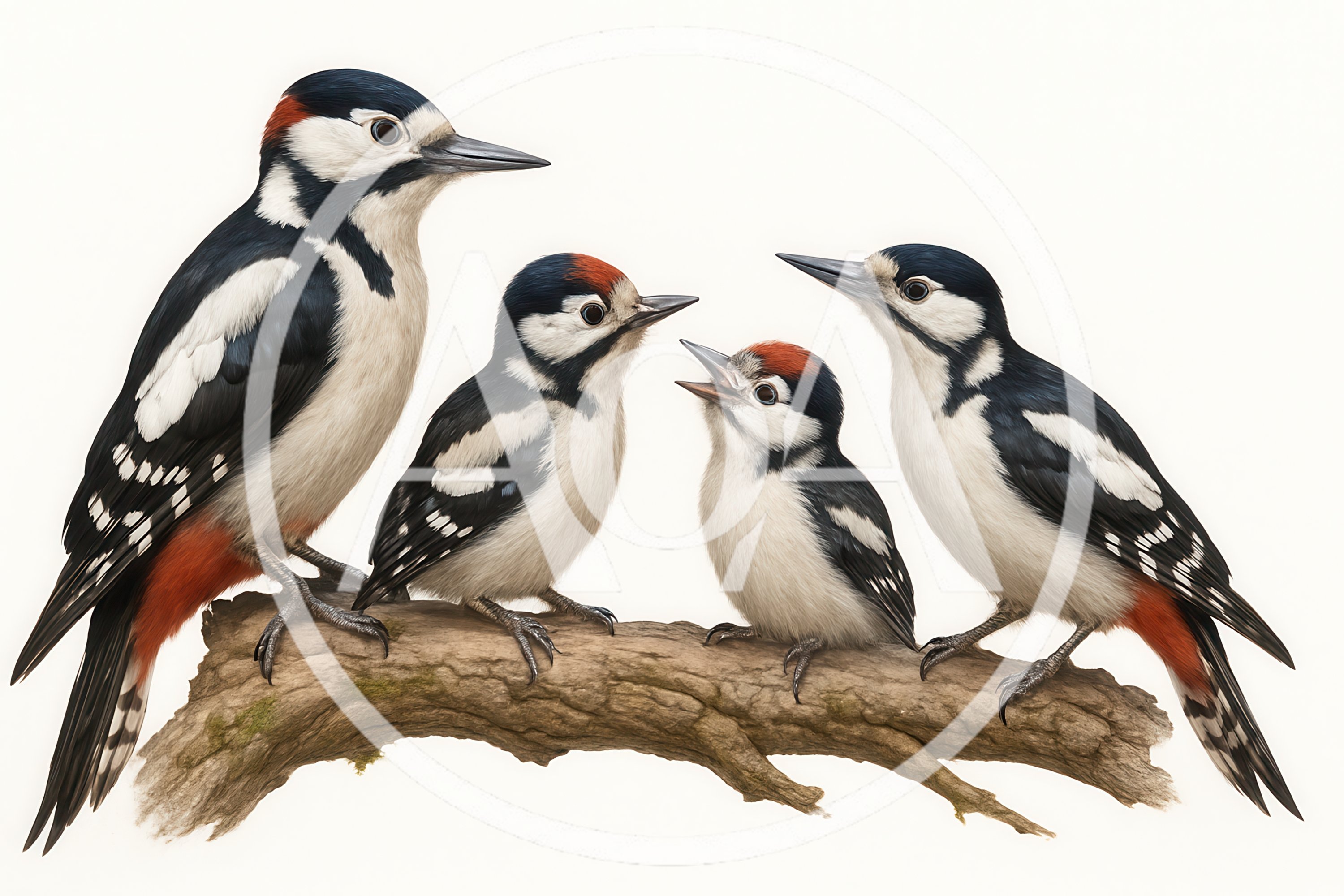 Great Spotted Woodpecker Family Perched On A Branch