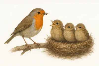 European Robin Feeding Three Chicks In A Nest