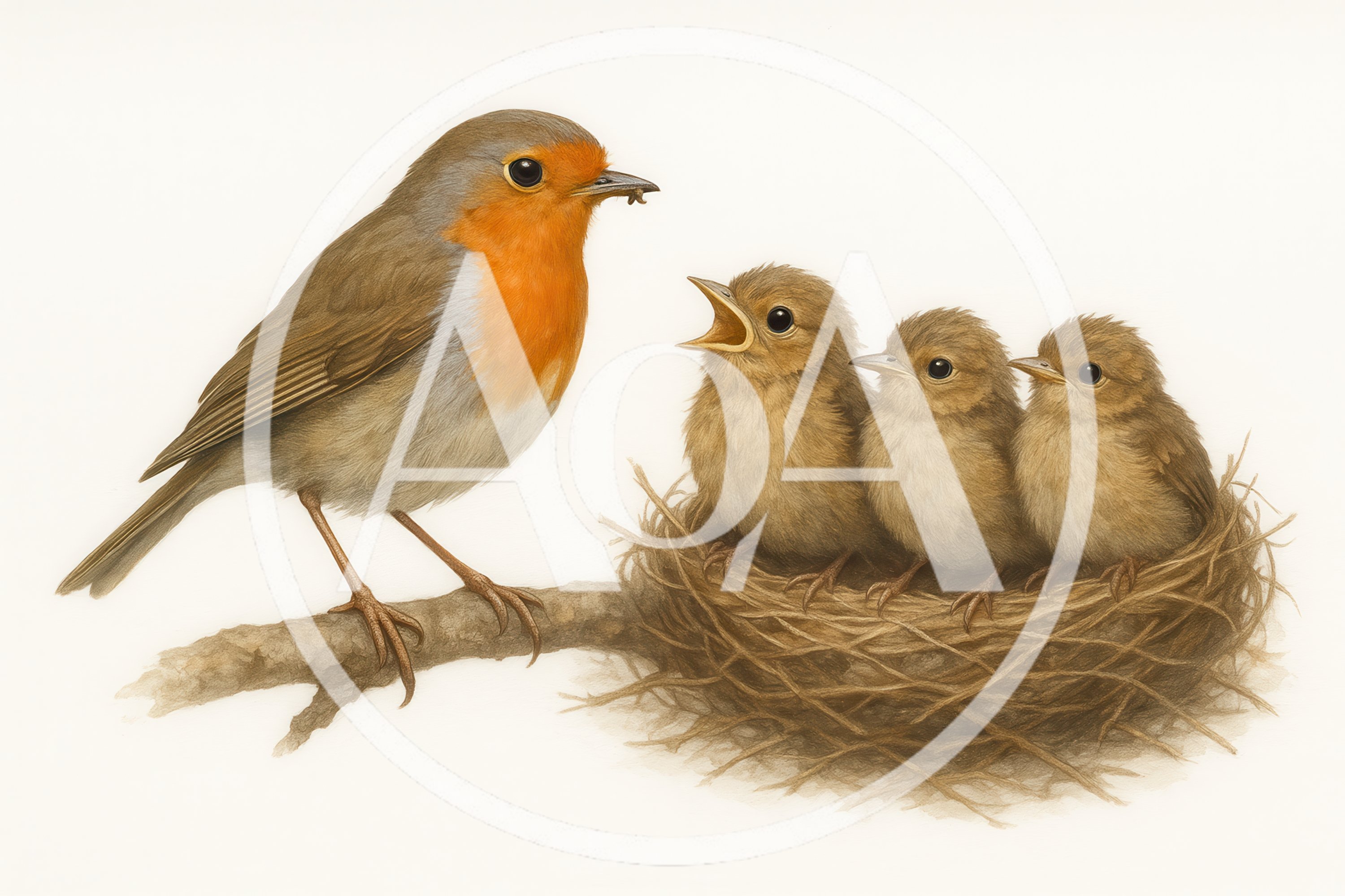 European Robin Feeding Three Chicks In A Nest