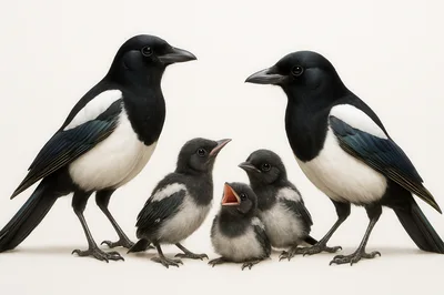 Family Of Eurasian Magpies With Three Chicks