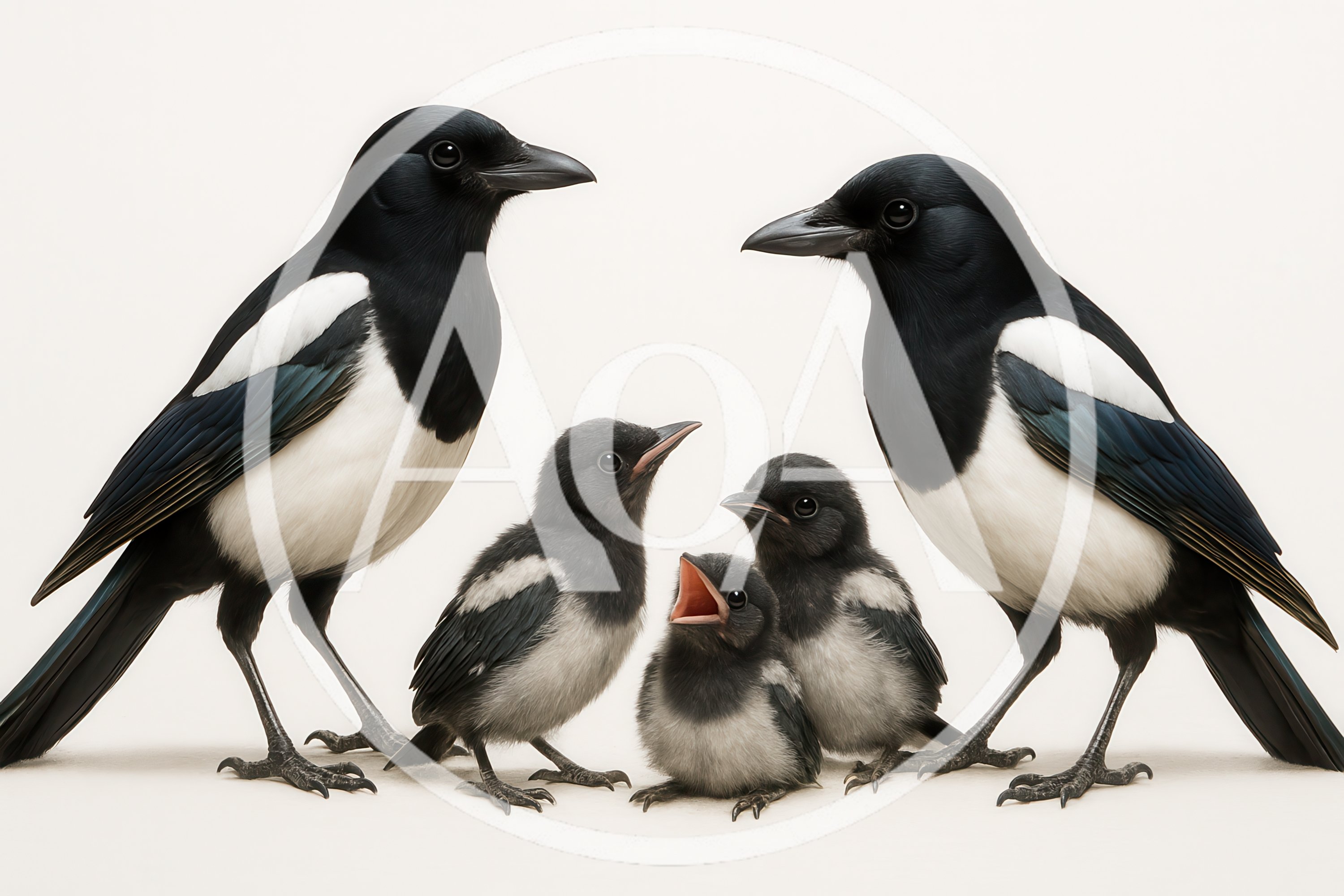 Family Of Eurasian Magpies With Three Chicks