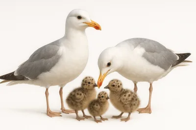 Adult Seagulls With Three Fluffy Chicks