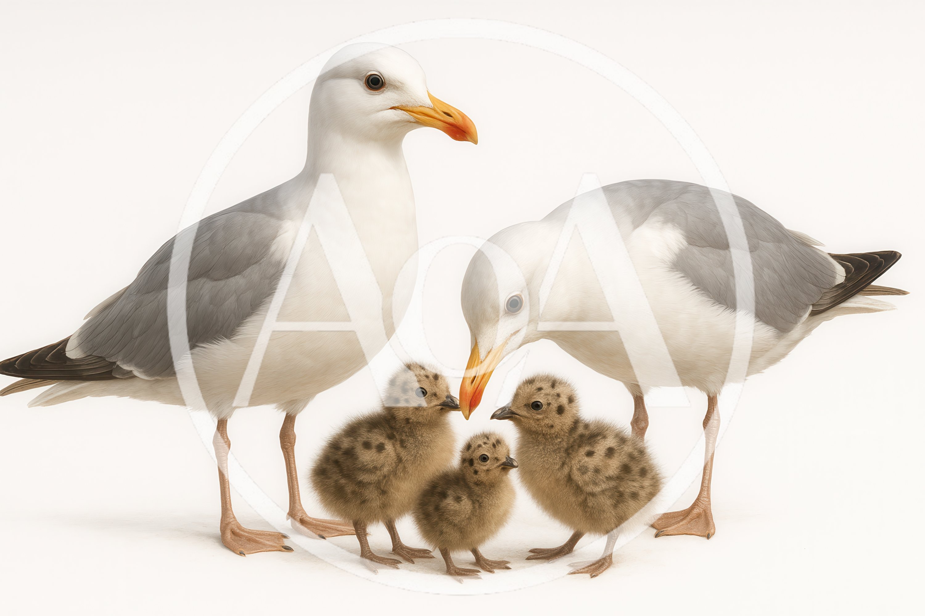 Adult Seagulls With Three Fluffy Chicks