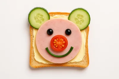 Funny Animal Face Sandwich Made With Ham And Vegetables