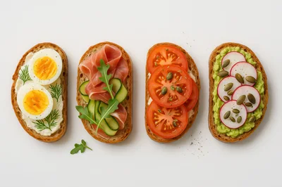 Four Gourmet Toasts With Various Toppings