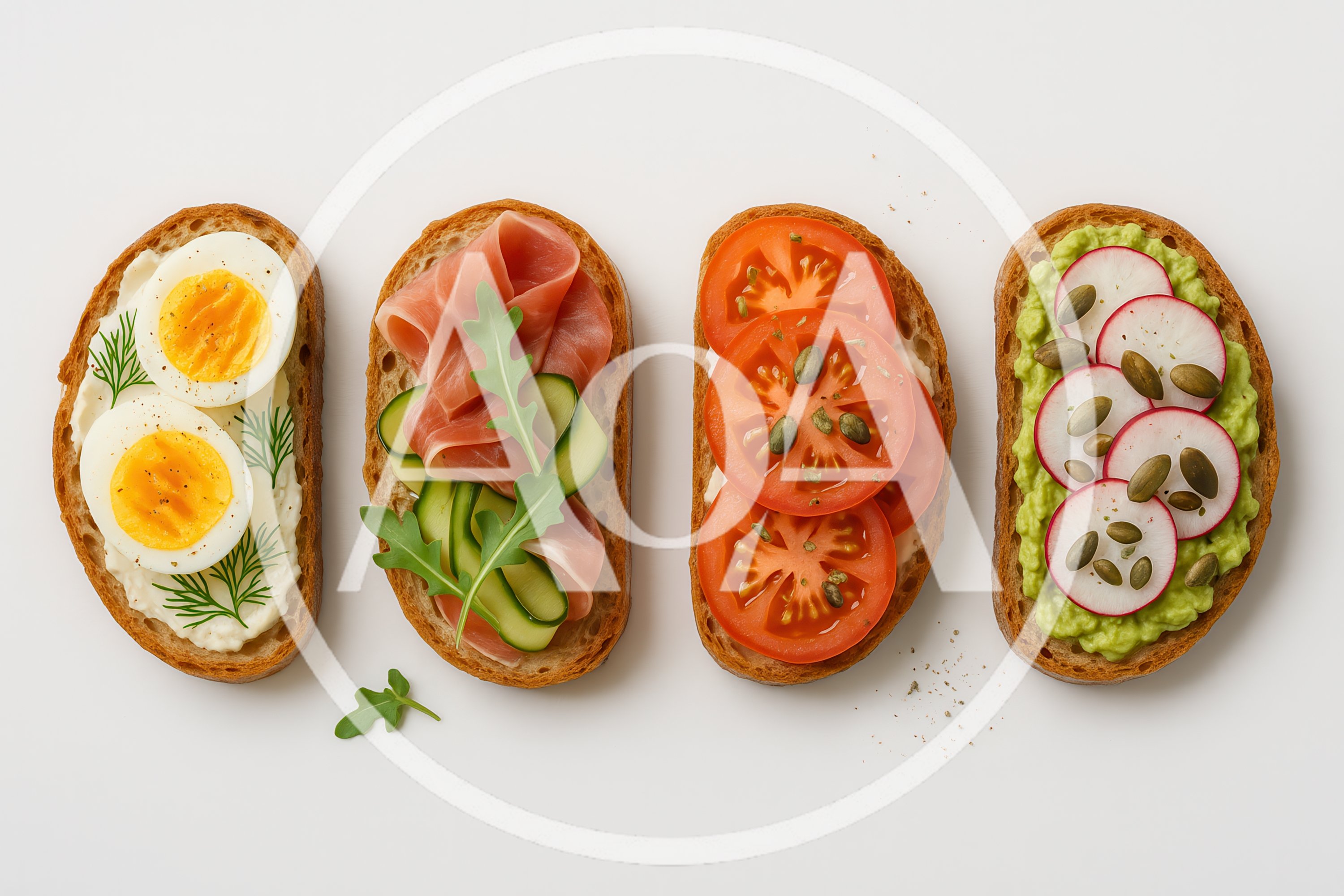 Four Gourmet Toasts With Various Toppings