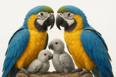 Two Adult Blue and Gold Macaws with Two Chicks