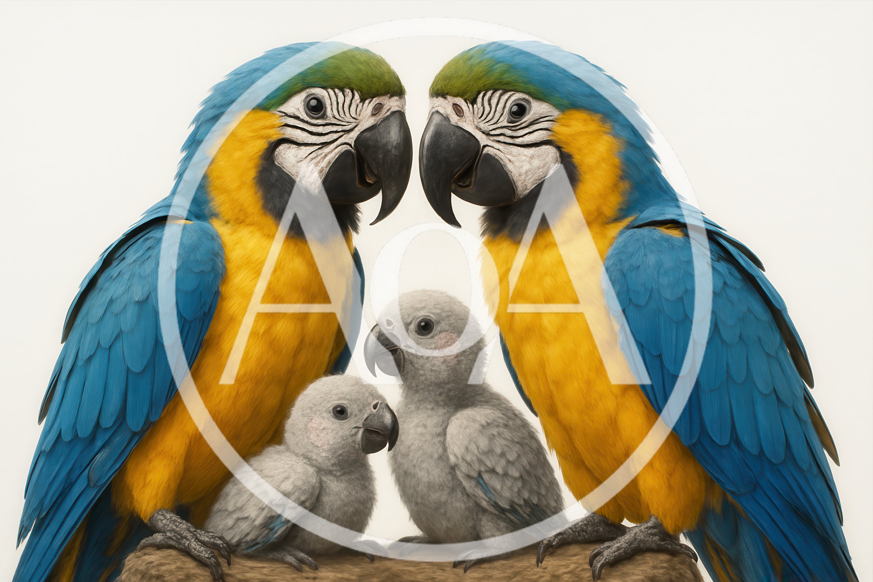 Two Adult Blue and Gold Macaws with Two Chicks