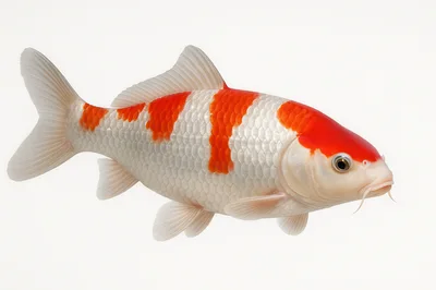 Kohaku Koi Fish Swimming Isolated On White Background