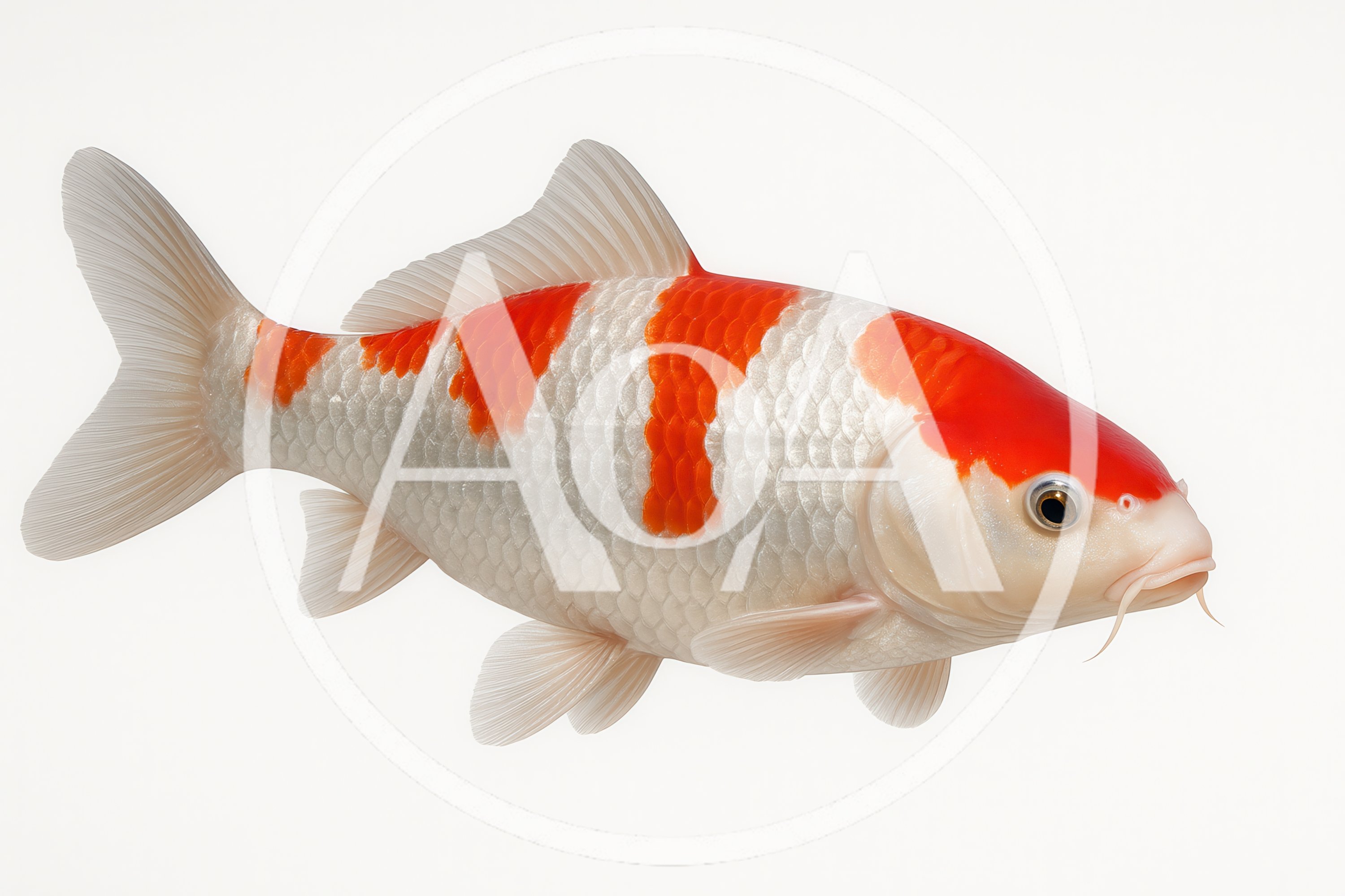 Kohaku Koi Fish Swimming Isolated On White Background