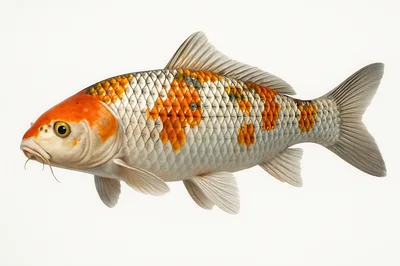 Koi Fish Swimming Isolated On White Background