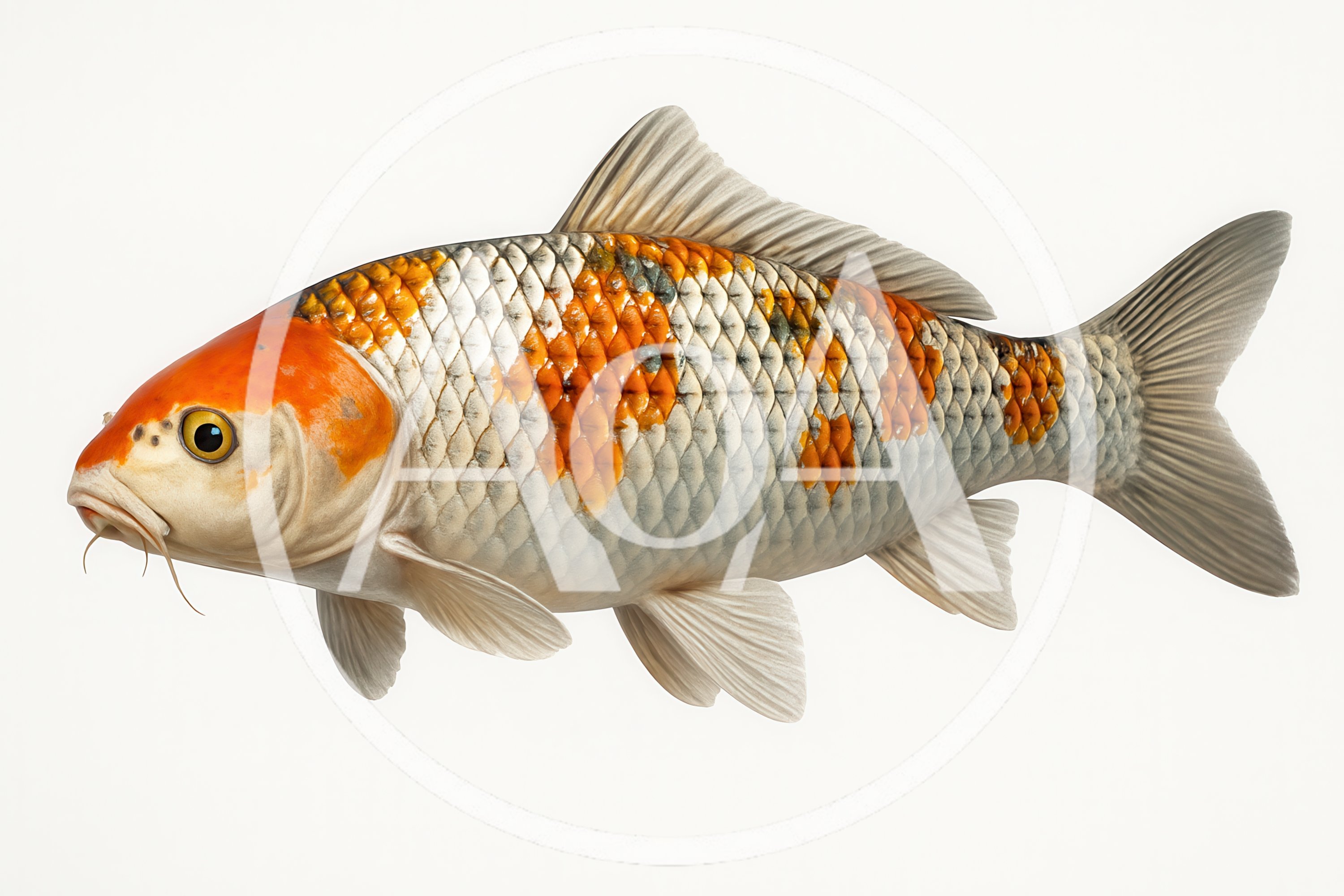 Koi Fish Swimming Isolated On White Background