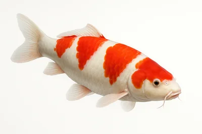 Kohaku Koi Fish Swimming Isolated On White Background